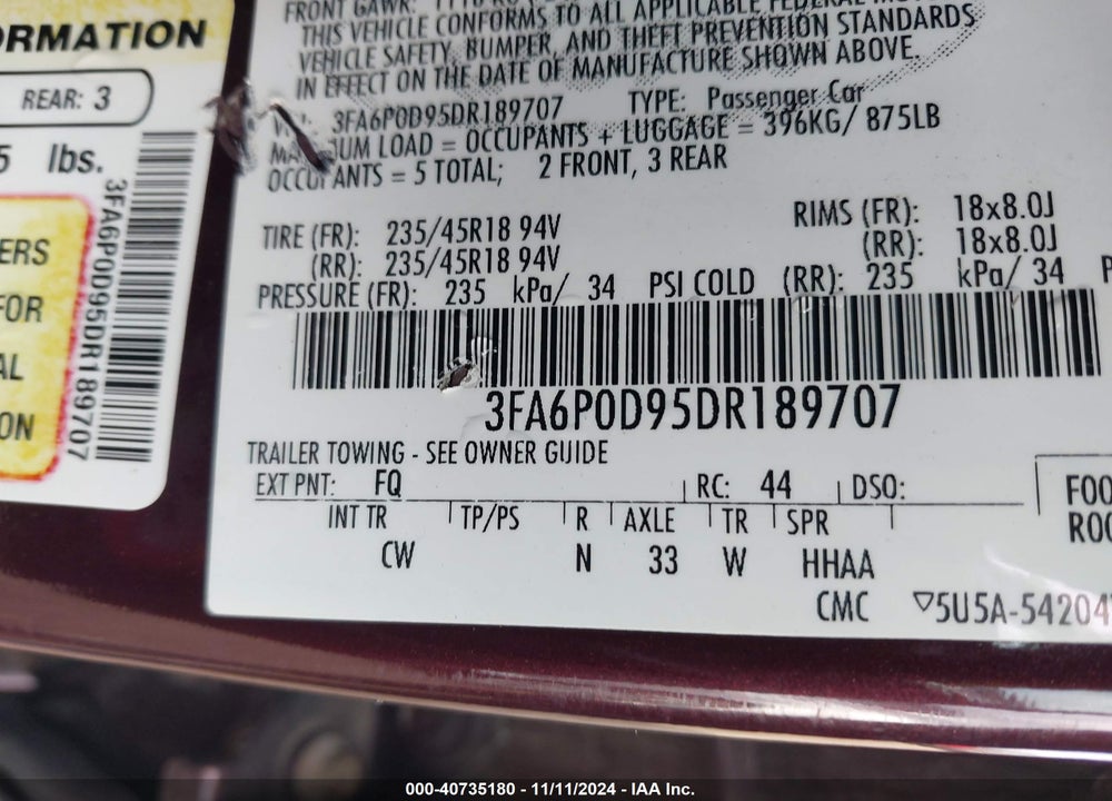 2013 FORD FUSION TITANIUM VIN: 3FA6P0D95DR189707