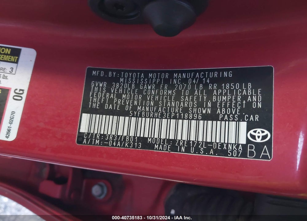 2014 TOYOTA COROLLA L/LE/LE PLS/PRM/S/S PLS VIN: 5YFBURHE3EP118896