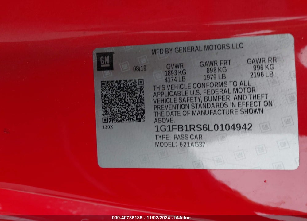 2020 CHEVROLET CAMARO RWD 1LT VIN: 1G1FB1RS6L0104942