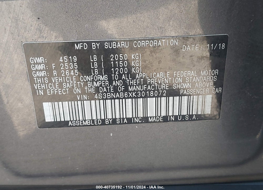 2019 SUBARU LEGACY 2.5I VIN: 4S3BNAB6XK3018072
