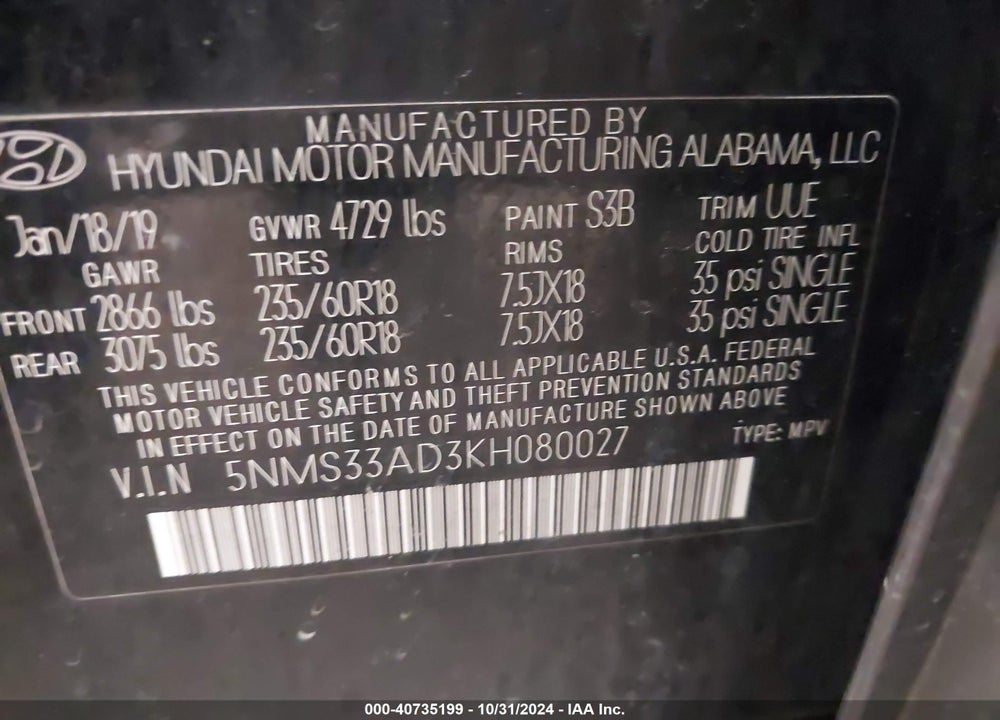 2019 HYUNDAI SANTA FE SEL PLUS VIN: 5NMS33AD3KH080027