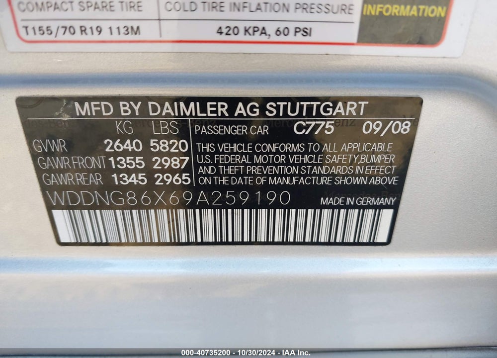 2009 MERCEDES-BENZ S 550 4MATIC VIN: WDDNG86X69A259190