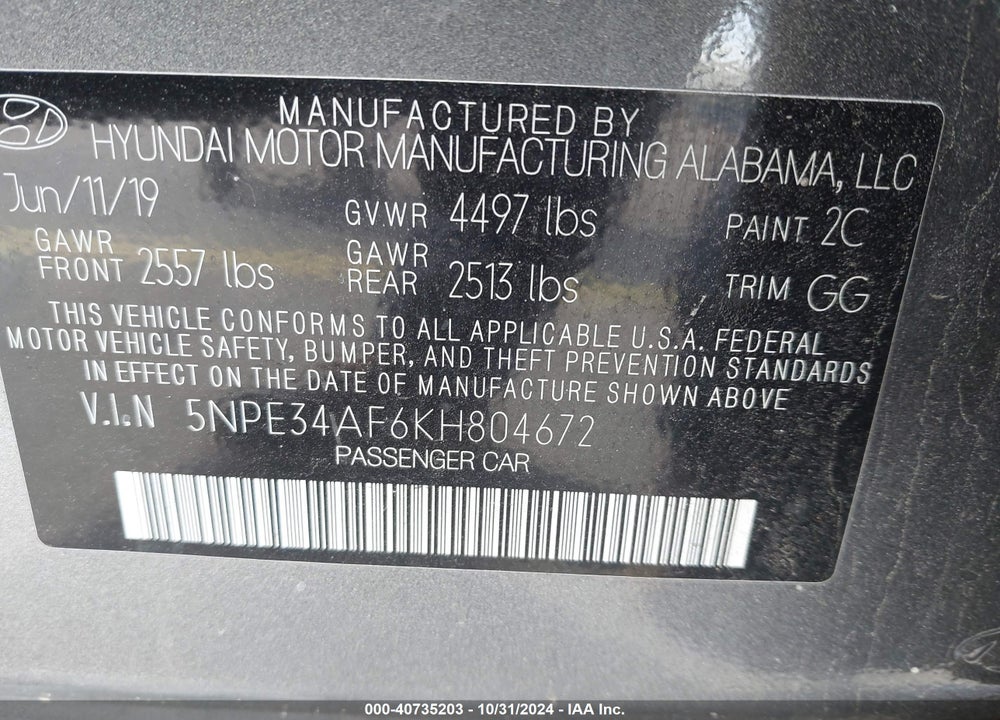 2019 HYUNDAI SONATA SEL VIN: 5NPE34AF6KH804672