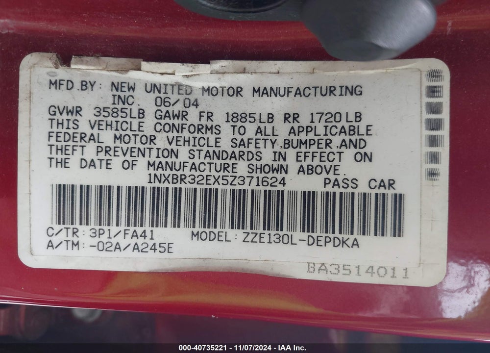 2005 TOYOTA COROLLA CE VIN: 1NXBR32EX5Z371624