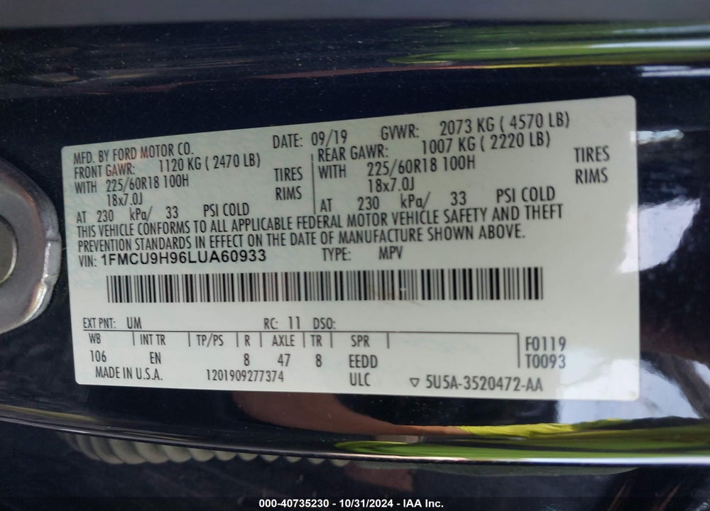 2020 FORD ESCAPE SEL VIN: 1FMCU9H96LUA60933