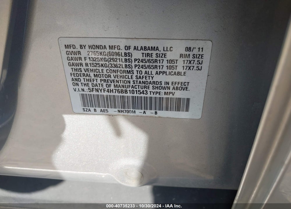 2011 HONDA PILOT EX-L VIN: 5FNYF4H76BB101543