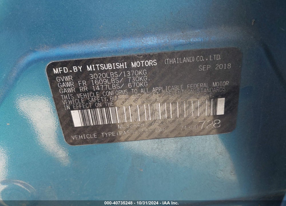 2019 MITSUBISHI MIRAGE SE VIN: ML32A4HJXKH000671