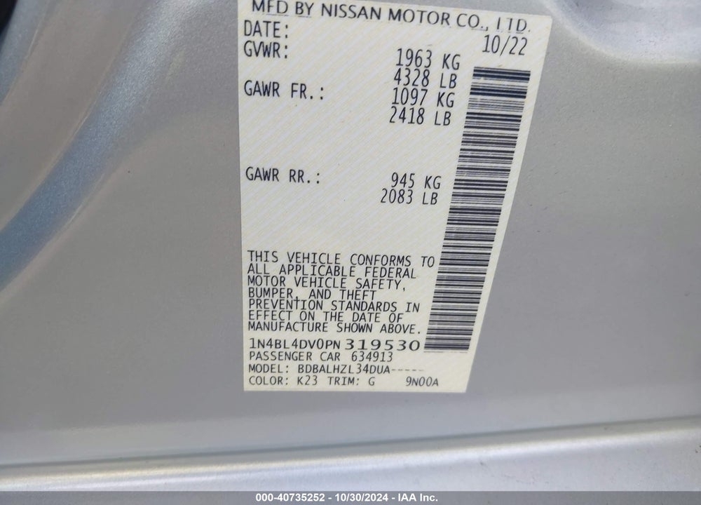 2023 NISSAN ALTIMA SV FWD VIN: 1N4BL4DV0PN319530