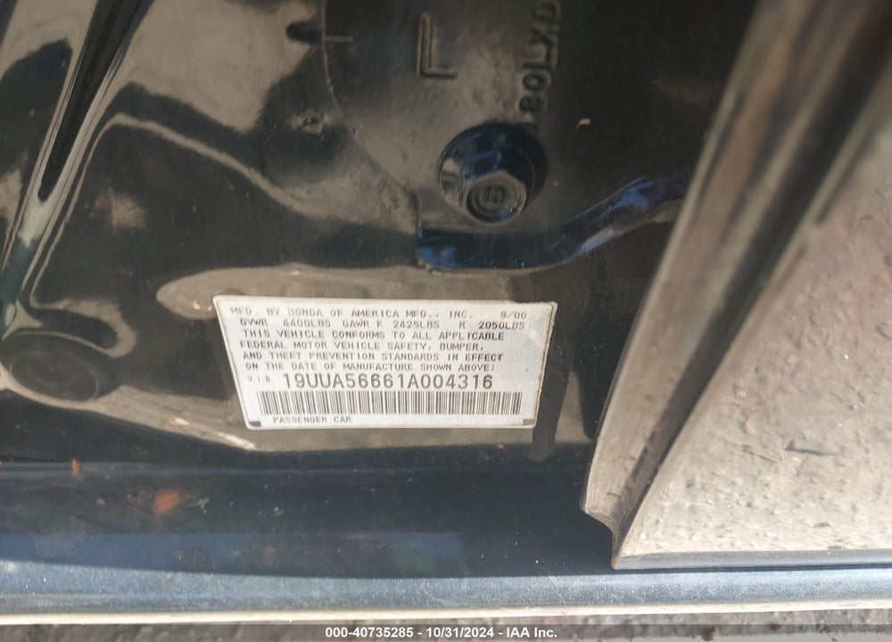 2001 ACURA TL 3.2 VIN: 19UUA56661A004316