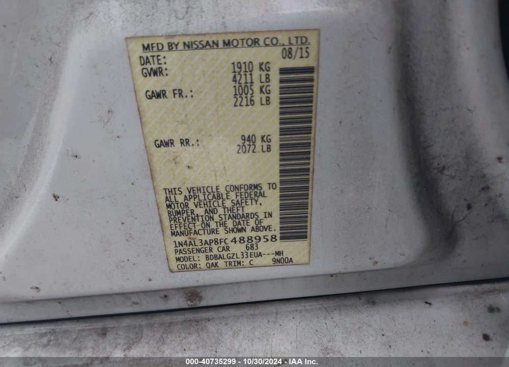 2015 NISSAN ALTIMA 2.5 S VIN: 1N4AL3AP8FC488958