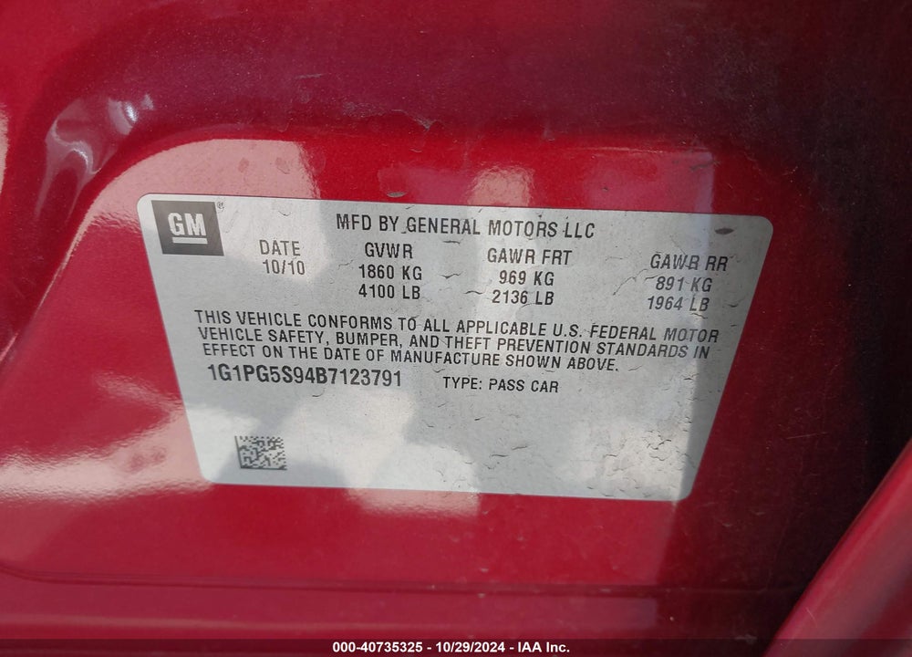 2011 CHEVROLET CRUZE 2LT VIN: 1G1PG5S94B7123791