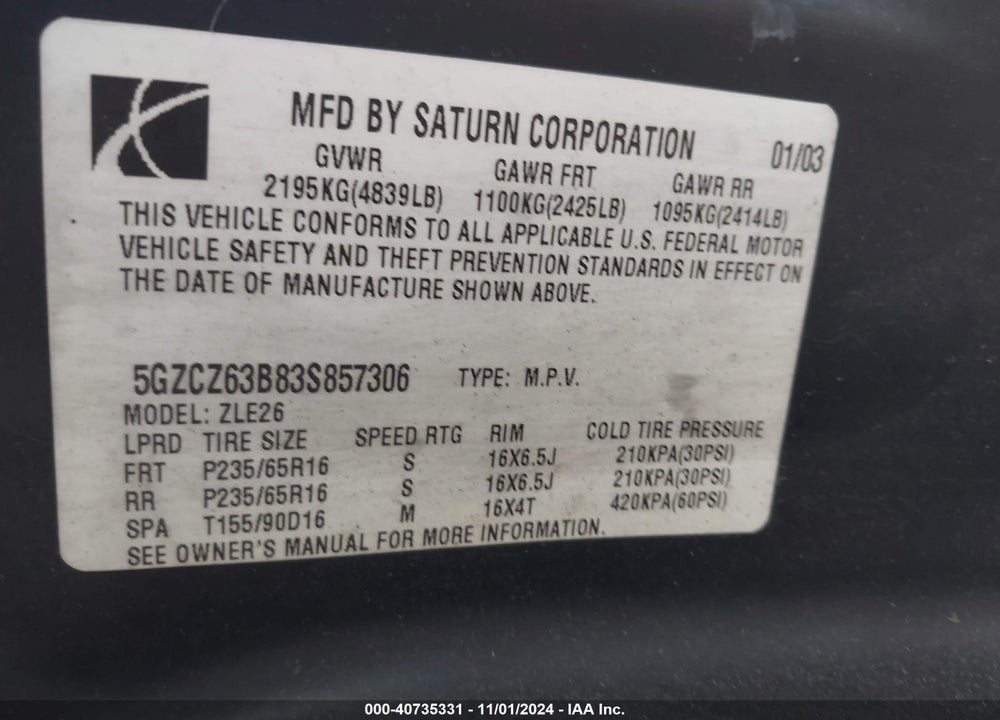 2003 SATURN VUE V6 VIN: 5GZCZ63B83S857306