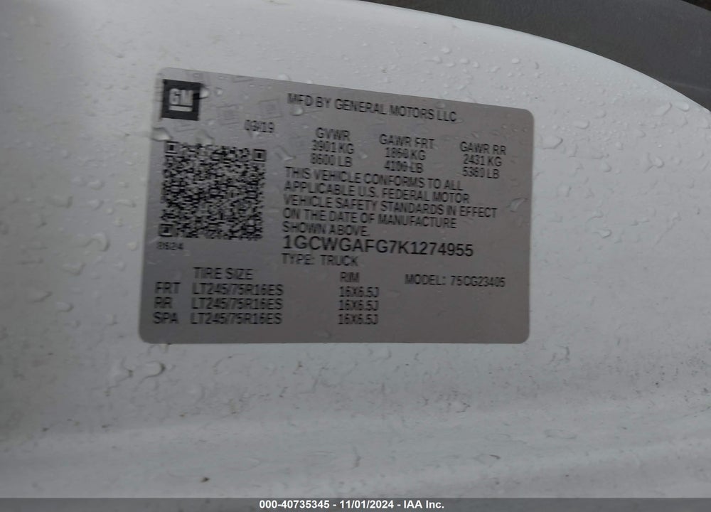 2019 CHEVROLET EXPRESS 2500 WORK VAN VIN: 1GCWGAFG7K1274955