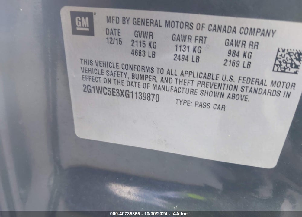 2016 CHEVROLET IMPALA LIMITED LTZ VIN: 2G1WC5E3XG1139870