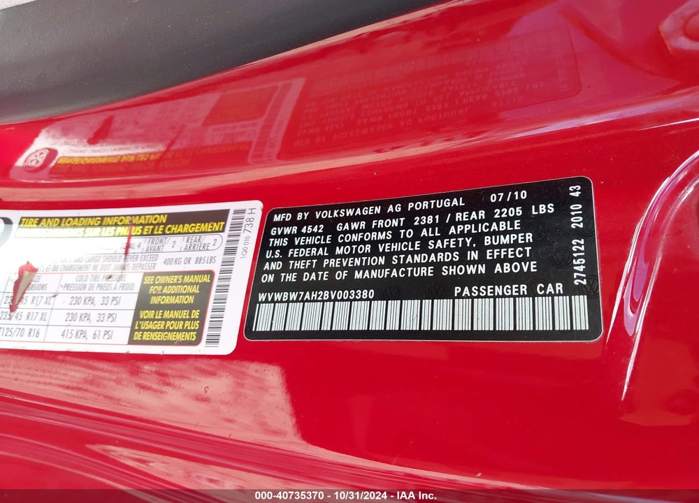 2011 VOLKSWAGEN EOS KOMFORT VIN: WVWBW7AH2BV003380
