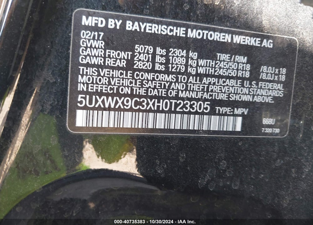 2017 BMW X3 XDRIVE28I VIN: 5UXWX9C3XH0T23305