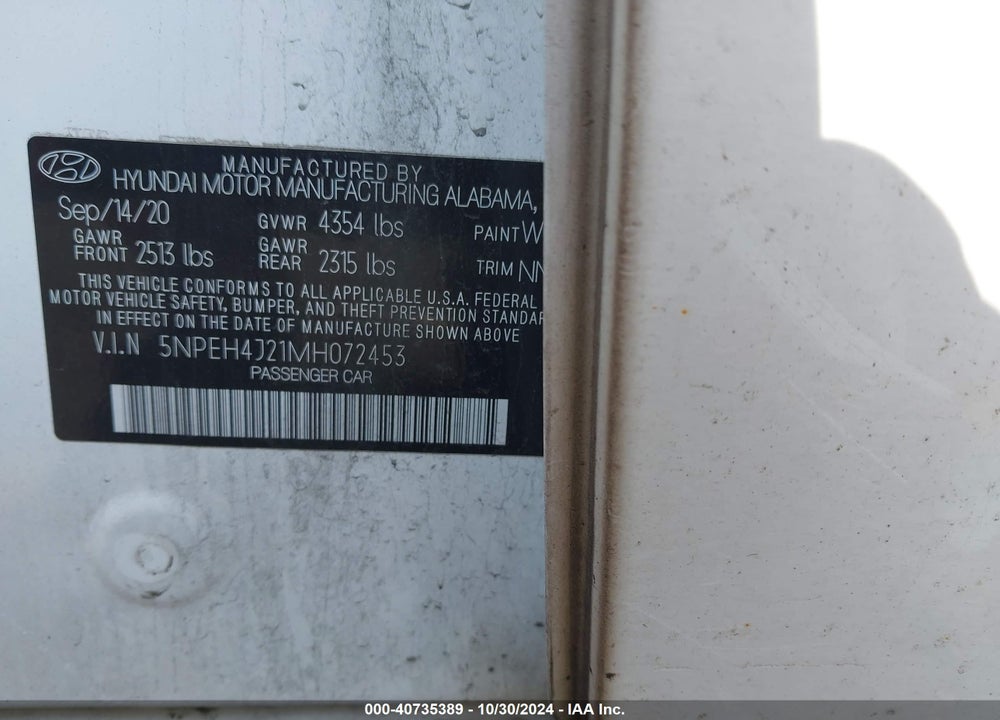 2021 HYUNDAI SONATA LIMITED VIN: 5NPEH4J21MH072453