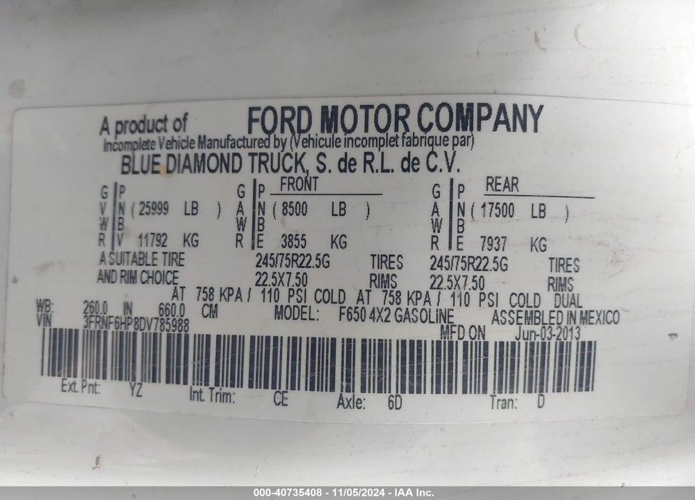 2013 FORD F-650 GAS XL/XLT VIN: 3FRNF6HP8DV785988