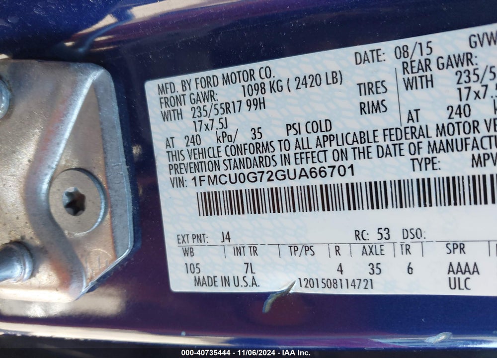 2016 FORD ESCAPE SE VIN: 1FMCU0G72GUA66701