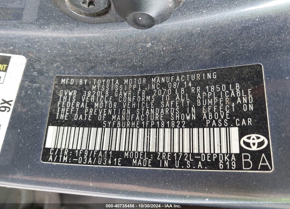 2015 TOYOTA COROLLA L VIN: 5YFBURHE1FP181822
