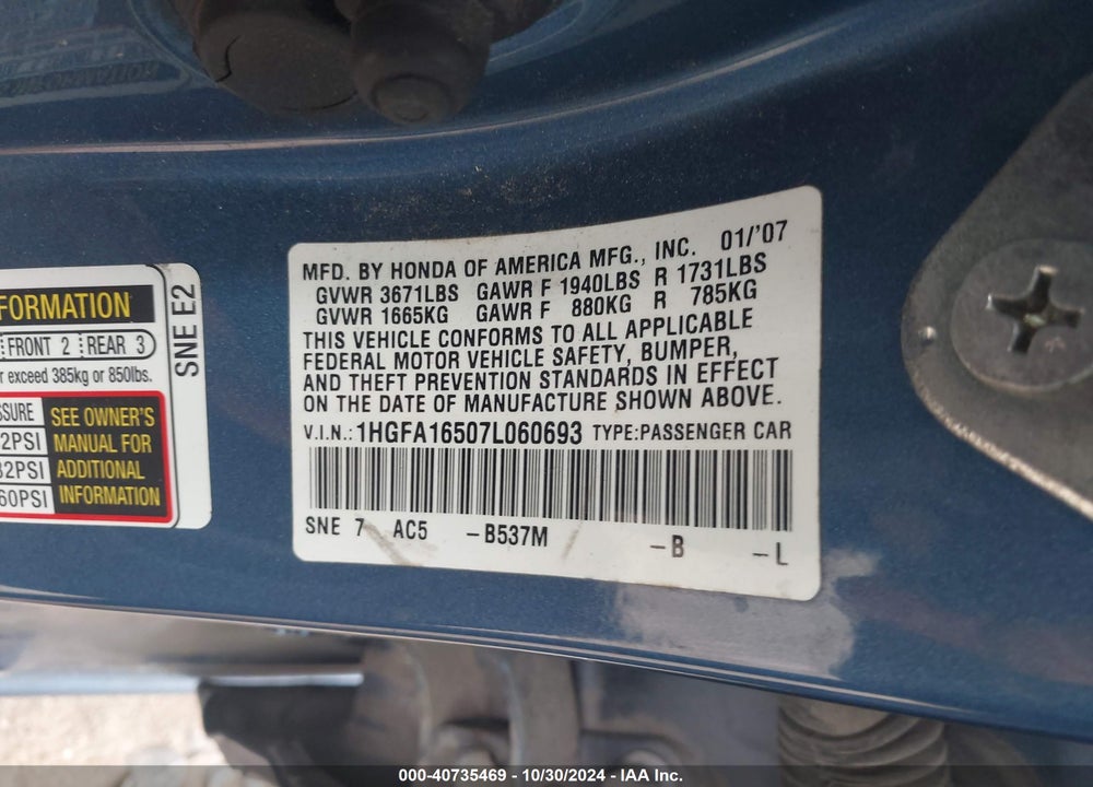 2007 HONDA CIVIC LX VIN: 1HGFA16507L060693