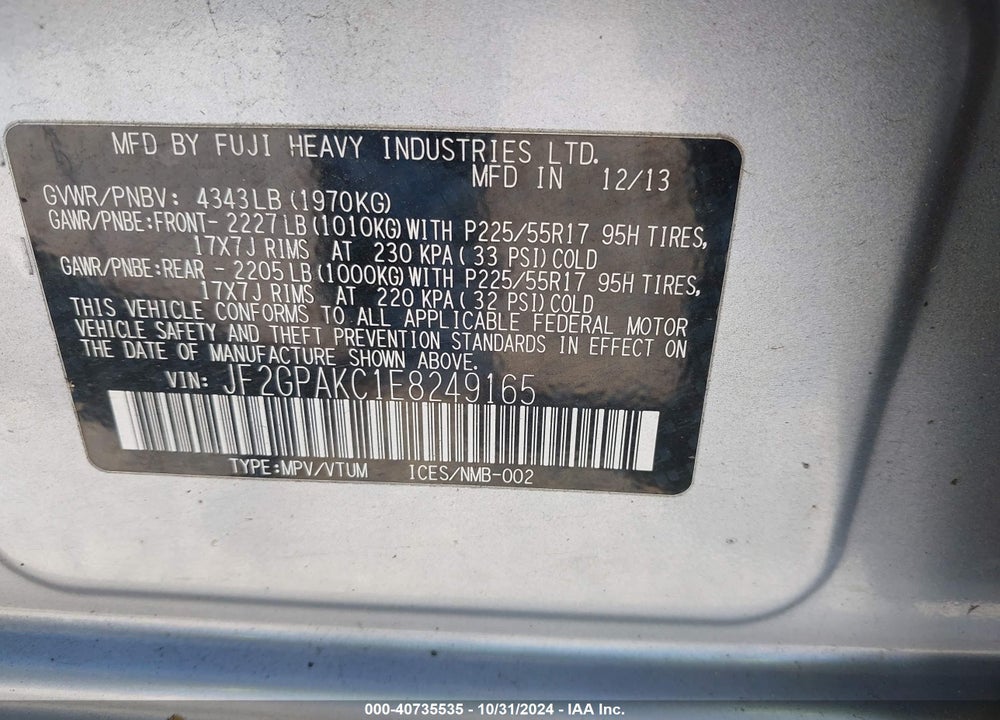 2014 SUBARU XV CROSSTREK 2.0I LIMITED VIN: JF2GPAKC1E8249165