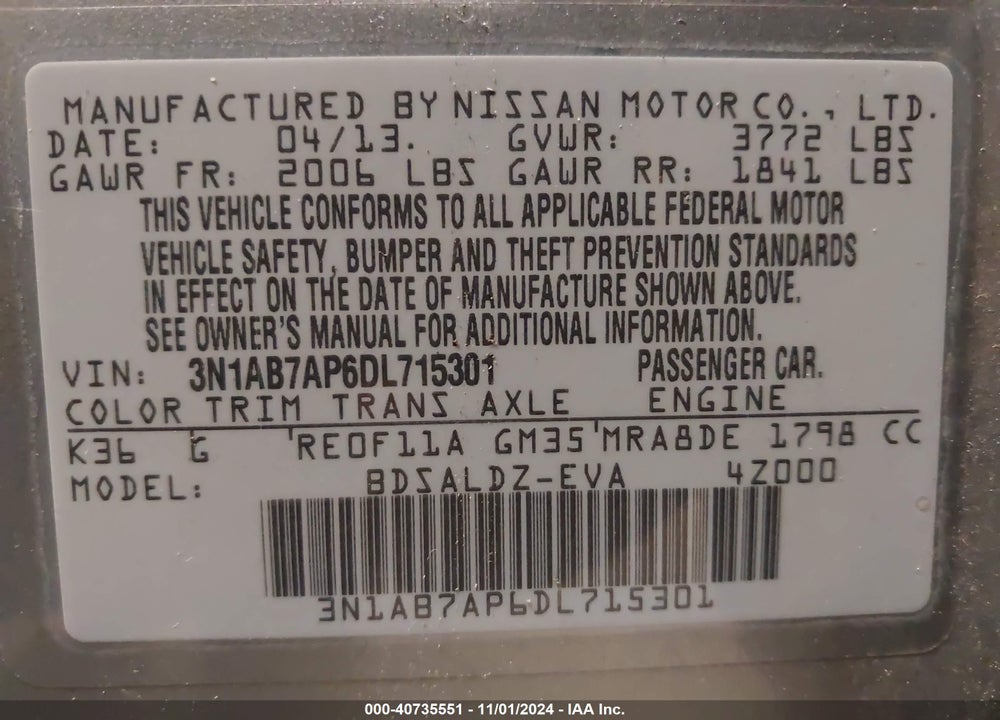 2013 NISSAN SENTRA SV VIN: 3N1AB7AP6DL715301