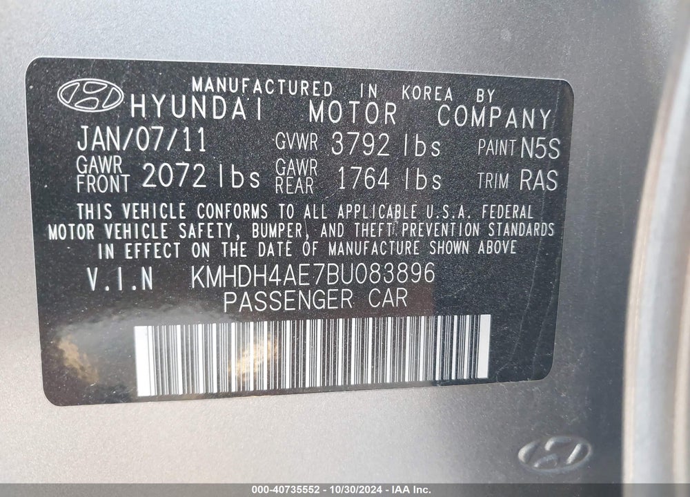 2011 HYUNDAI ELANTRA LIMITED (ULSAN PLANT) VIN: KMHDH4AE7BU083896