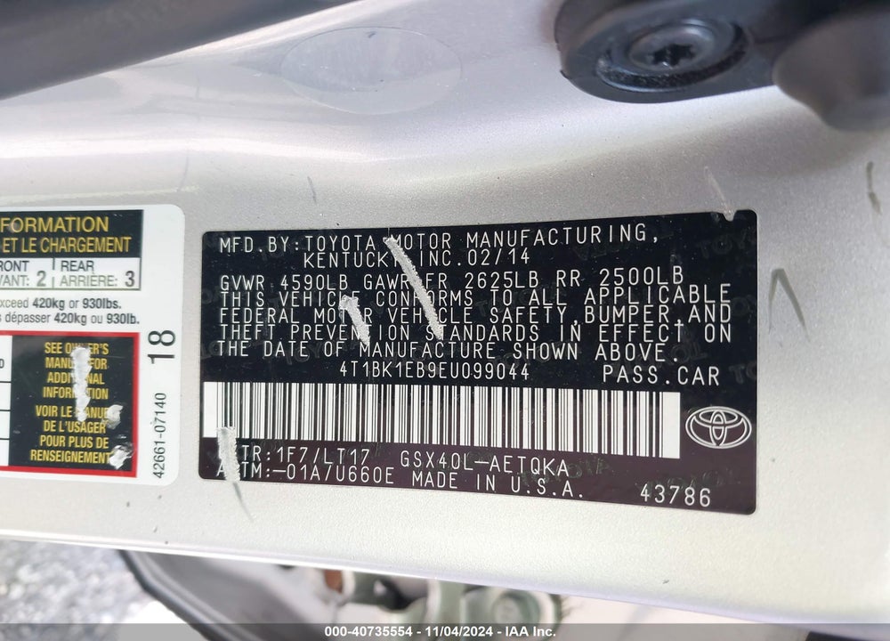 2014 TOYOTA AVALON XLE TOURING VIN: 4T1BK1EB9EU099044