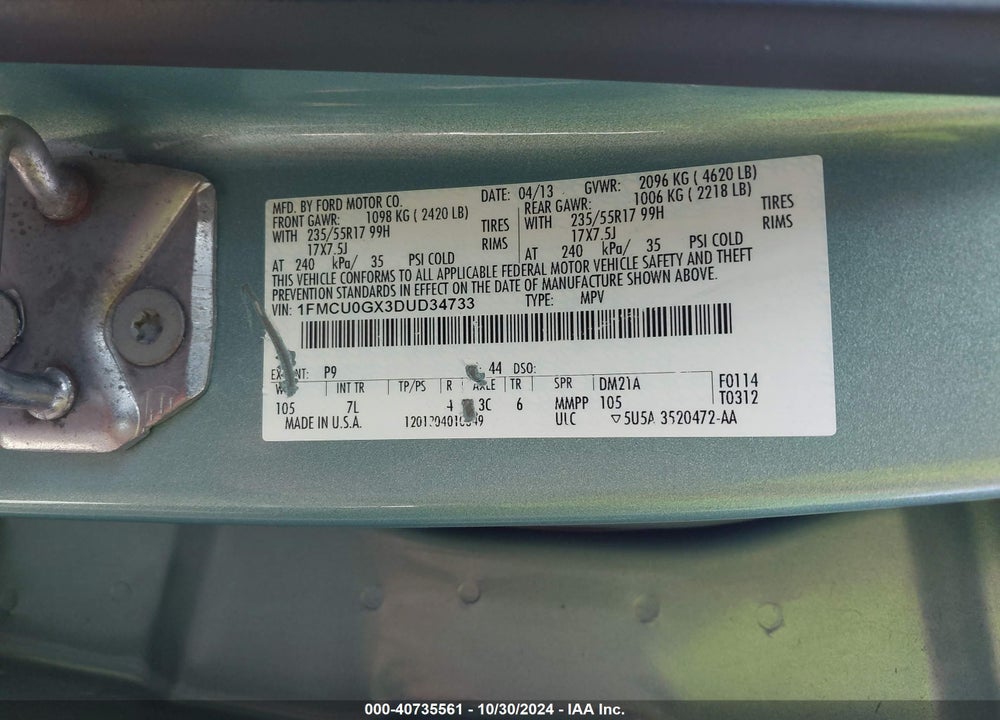 2013 FORD ESCAPE SE VIN: 1FMCU0GX3DUD34733