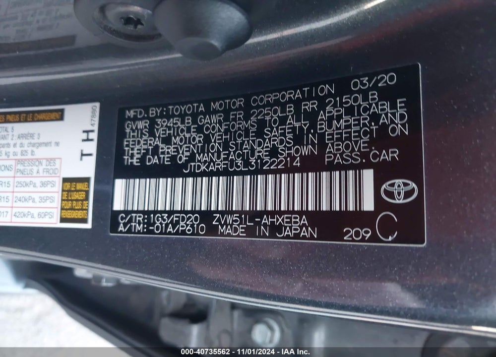 2020 TOYOTA PRIUS LE VIN: JTDKARFU3L3122214