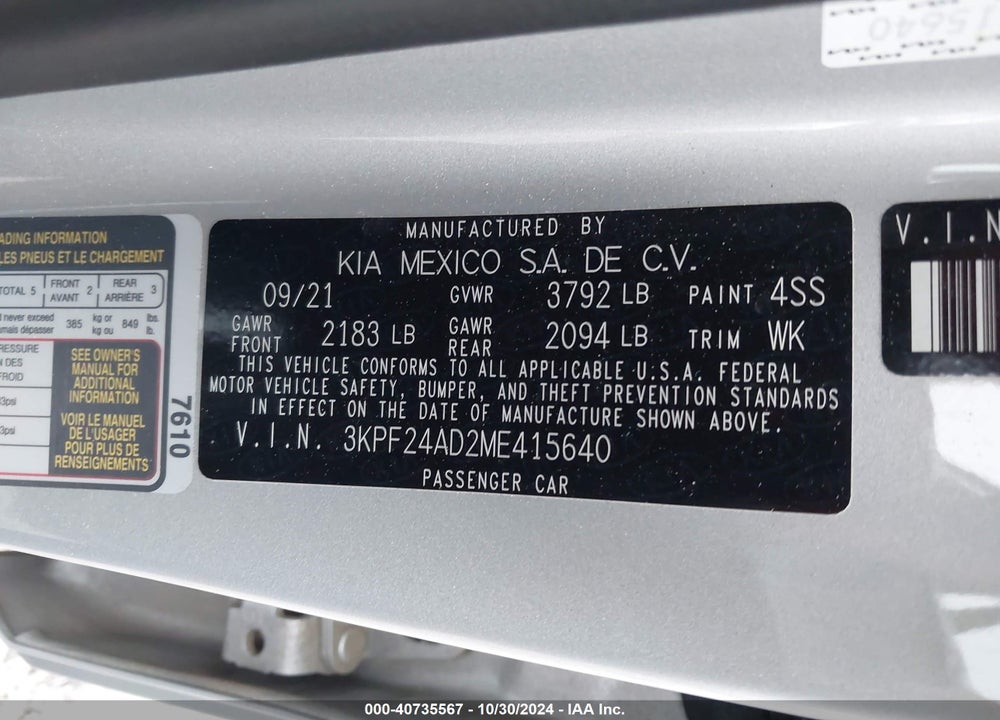 2021 KIA FORTE LXS VIN: 3KPF24AD2ME415640