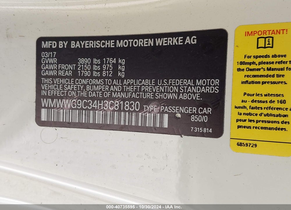 2017 MINI CONVERTIBLE COOPER S VIN: WMWWG9C34H3C81830