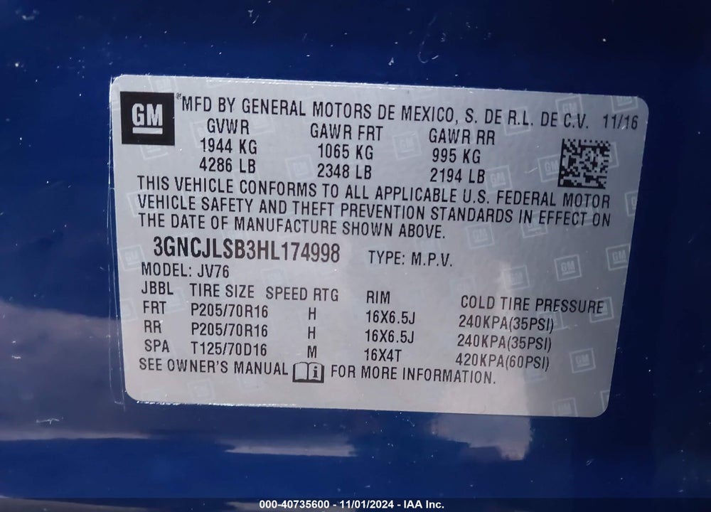 2017 CHEVROLET TRAX LT VIN: 3GNCJLSB3HL174998