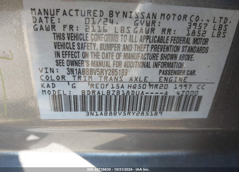 2024 NISSAN SENTRA S XTRONIC CVT VIN: 3N1AB8BV5RY285189