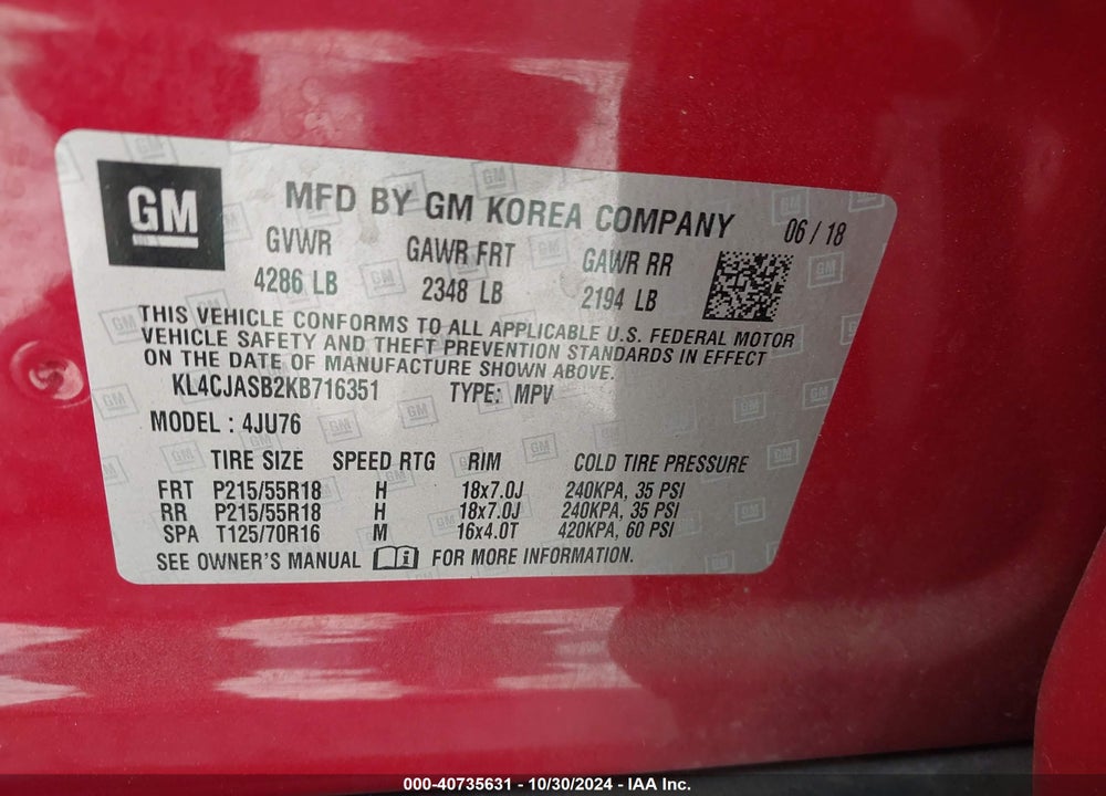 2019 BUICK ENCORE FWD PREFERRED VIN: KL4CJASB2KB716351