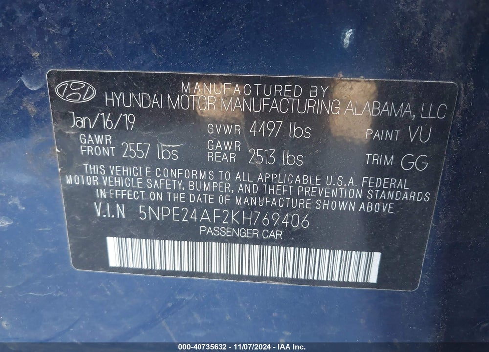 2019 HYUNDAI SONATA VIN: 5NPE24AF2KH769406