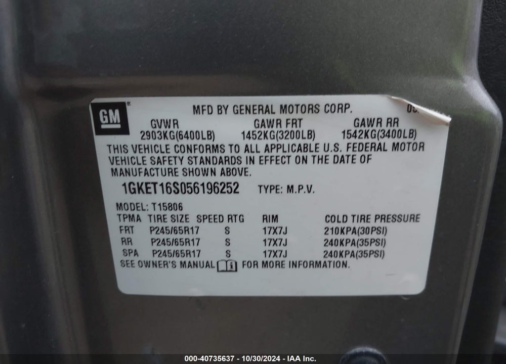 2005 GMC ENVOY XL SLT VIN: 1GKET16S056196252