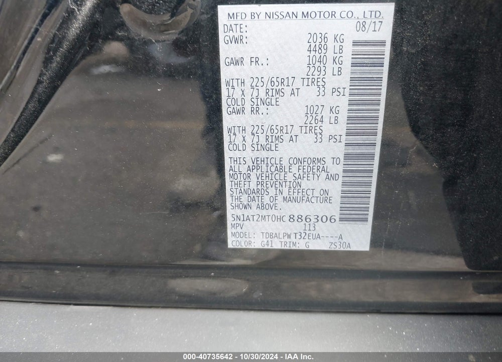 2017 NISSAN ROGUE S VIN: 5N1AT2MT0HC886306
