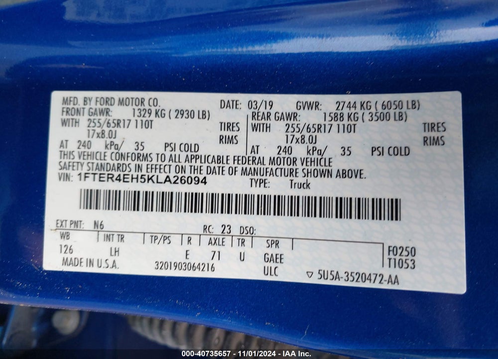 2019 FORD RANGER XL VIN: 1FTER4EH5KLA26094