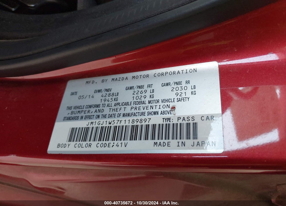 2015 MAZDA 6 I GRAND TOURING VIN: JM1GJ1W57F1189897