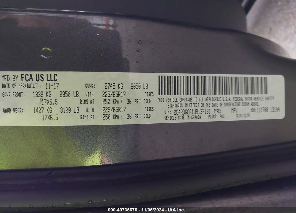 2018 DODGE GRAND CARAVAN SXT VIN: 2C4RDGCG1JR137131