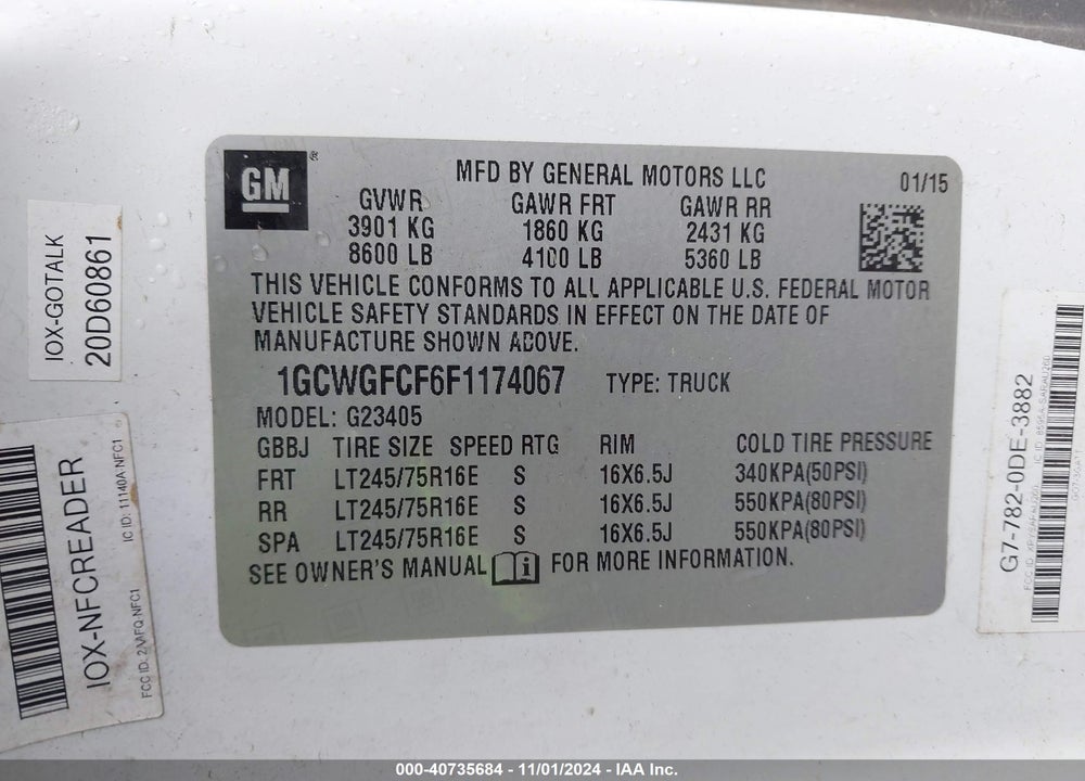 2015 CHEVROLET EXPRESS 2500 WORK VAN VIN: 1GCWGFCF6F1174067