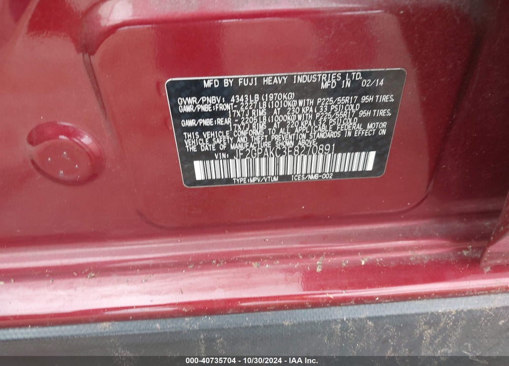 2014 SUBARU XV CROSSTREK 2.0I LIMITED VIN: JF2GPAKC3E8270891