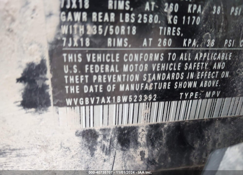2011 VOLKSWAGEN TIGUAN SE VIN: WVGBV7AX1BW523392
