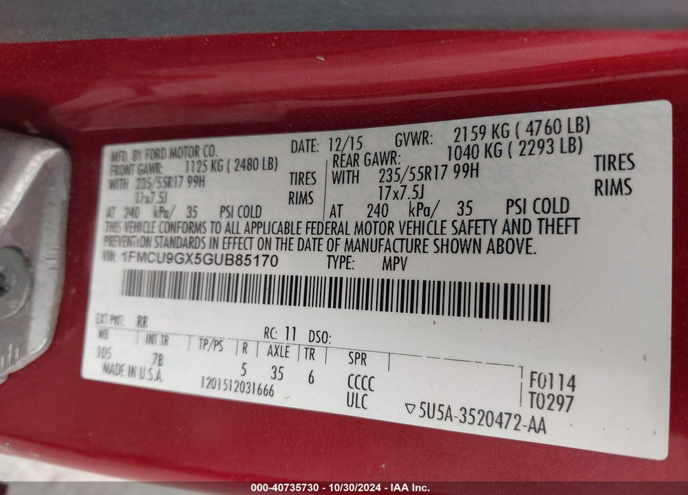 2016 FORD ESCAPE SE VIN: 1FMCU9GX5GUB85170