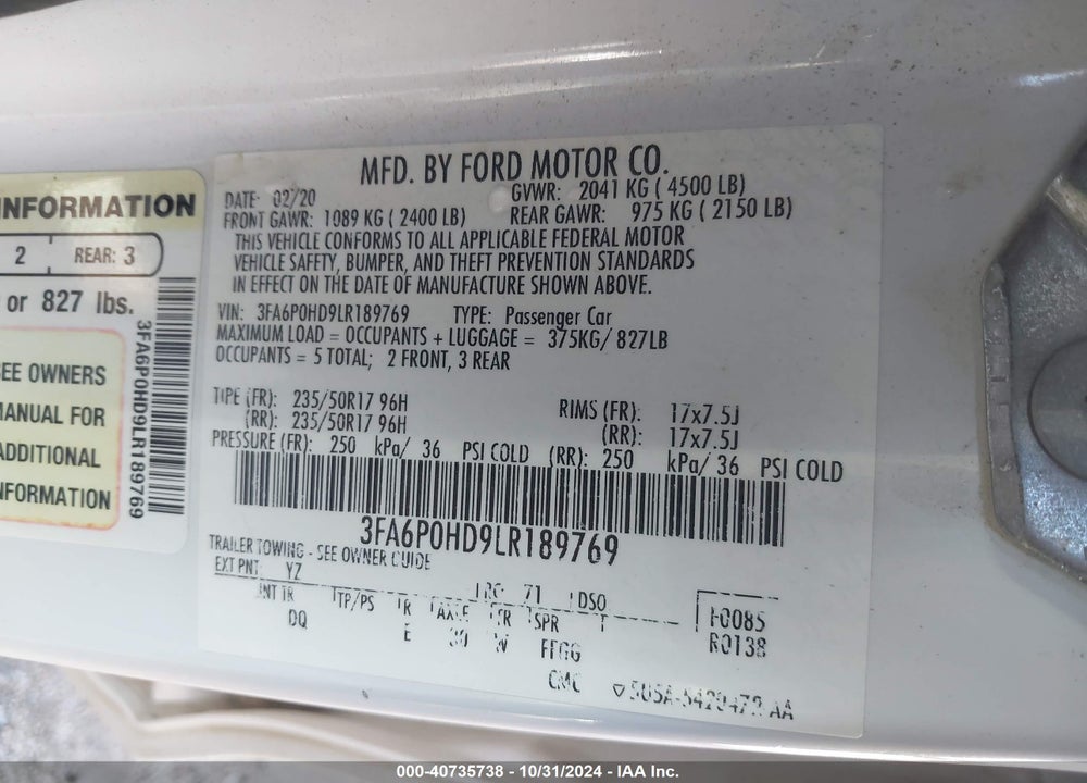 2020 FORD FUSION SE VIN: 3FA6P0HD9LR189769