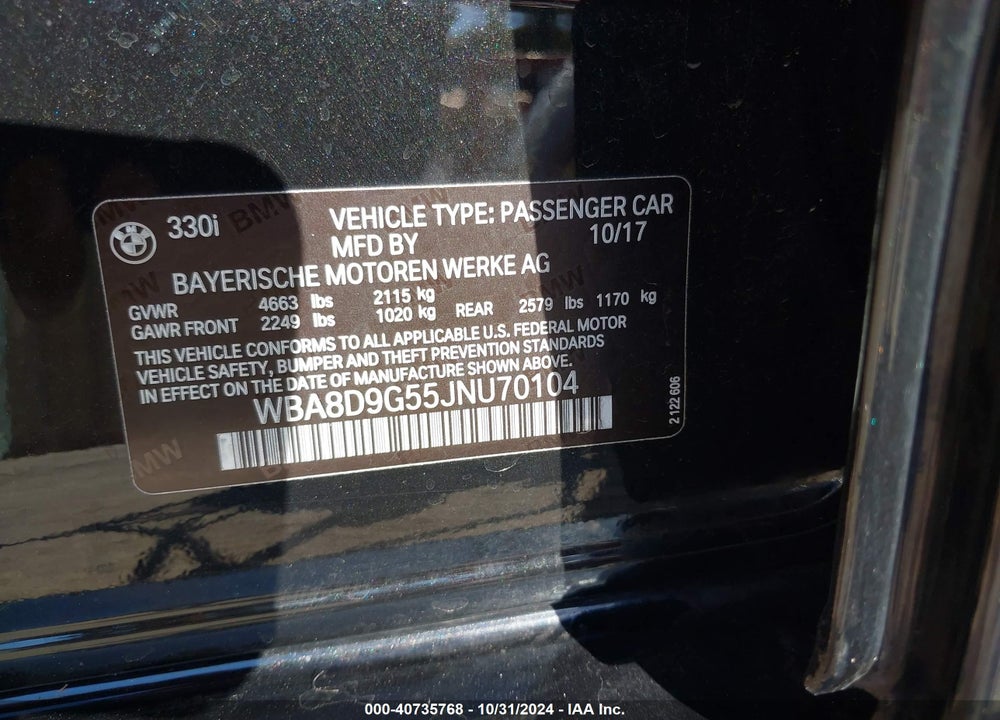 2018 BMW 330I XDRIVE VIN: WBA8D9G55JNU70104