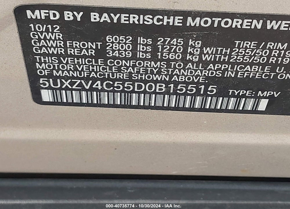 2013 BMW X5 XDRIVE35I/XDRIVE35I PREMIUM/XDRIVE35I SPORT ACTIVITY VIN: 5UXZV4C55D0B15515