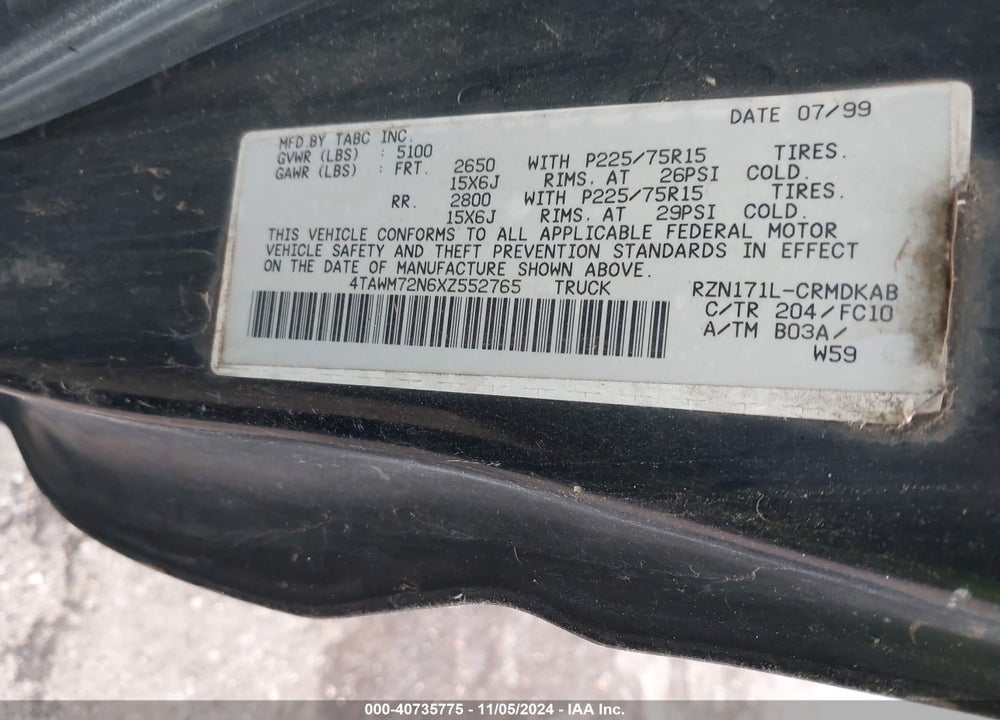 1999 TOYOTA TACOMA VIN: 4TAWM72N6XZ552765